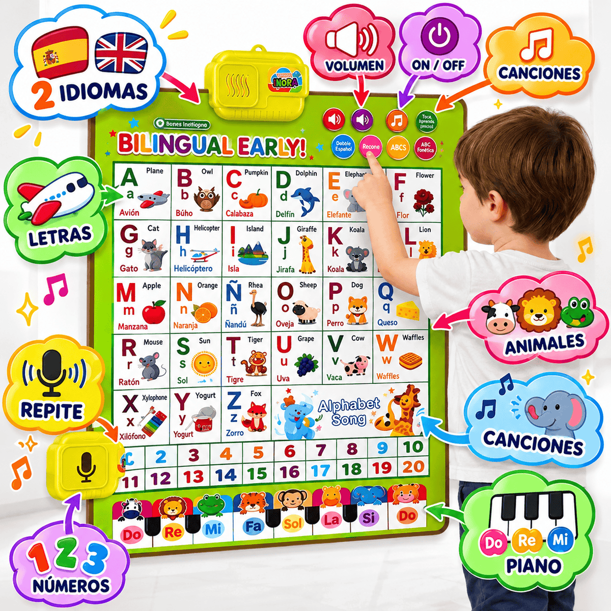 Póster interactivo de música, abecedario y números para que los niños aprendan + MINI PIANO🔥📚