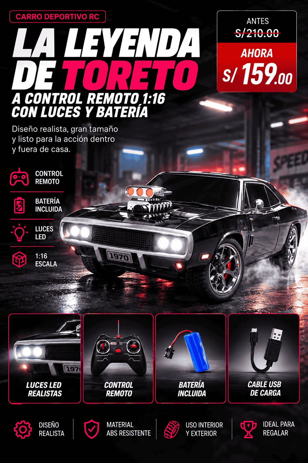 đ Carro de Toreto a Control Remoto 1:16 con Luces LED â RĂĄpidos y Furiosos